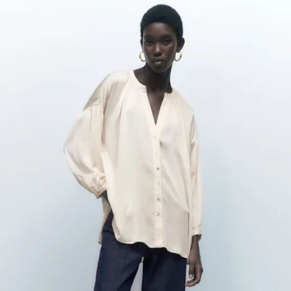 ZARA SATIN EFFECT JACQUARD BLOUSE ECRU - Picture 3 of 10